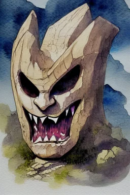 dnd, fantasy, watercolour, ilustration, dao, rock surface, earth elemental face, angry, greedy