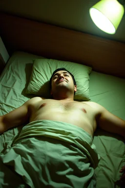 man lying on back on motel bed, arms at sides, face partially turned away, neutral expression, unresponsive posture, plain bedding, generic sheets, harsh flash lighting, dim uneven room lighting, off center framing, candid documentary photo, slightly grainy, no emotion