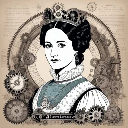 Ada Lovelace as the queen of mechanical computer programming with a lot of gears and mathematical formulas