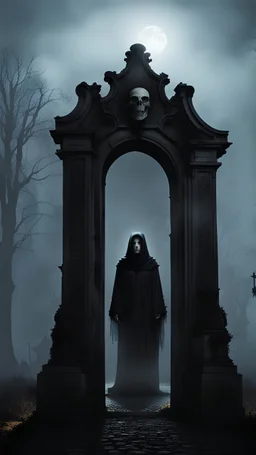 Scary tall figure in a black mantle whose face resembles a skull stands ominously at the gate of an old cemetery in the middle of the fog at night.