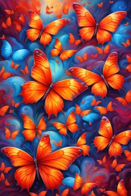 vibrant psychedelic oil painting image, airbrush, 64k, cartoon art image of background ORANGE and RED BUTTERFLIES , futurism style