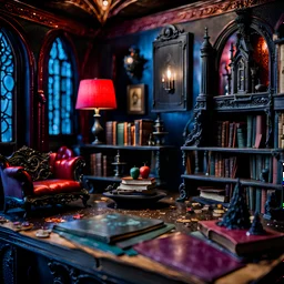 Detailed creepy living-room made of modeling clay, books, furniture, haunted, very accentuated details, Tim Burton, strong texture, extreme detail, Max Ernst, decal, rich moody colors, sparkles, Yves Tanguy, bokeh, odd