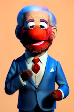 Waist up Portrait, joe Biden as muppet doll, Blue suit retro style, photo studio, blue background, unreal engine 5, concept art, art station, god lights, ray tracing, RTX, lumen lighting, ultra detail, volumetric lighting, 3d.