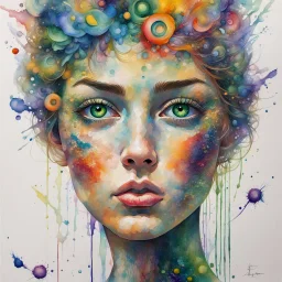 highly detailed, intricate, and vivid abstract art portrait of a young woman with fair skin, gazing directly forward with intense green eyes. Her face is intricately painted with a watercolor effect using a complex fusion of various colors such as blues, reds, yellows, greens, and purples, giving the impression of an explosion of color. The colors bleed into each other fluidly, creating an abstract and dreamlike quality that covers her entire face and hair. The portrait also features elements o