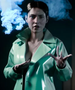 Ultra Realistic image, photo studio, medium shot view, a woman making the fuck off gesture with his hand, blue smoke coming out of his nose and mouth, happy. Latex inflatable coat, soft color, highly detailed, unreal engine 5, ray tracing, RTX, lumen lighting, ultra detail, volumetric lighting, finely drawn, high definition, high resolution.