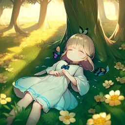 tiny anime girl sleeping in the distance, laying down in a field of flowers, underneath a willow tree, with a butterfly on her nose