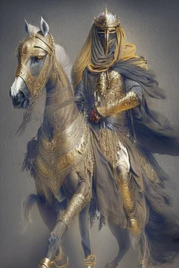 Arab warrior Full Body Full Armored Wearing Face Masculine Mysterious Powerful Fantasy High Quality Carrying his bow Golden clothes His horse behind him