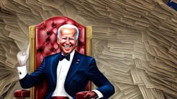 Joe Biden sitting on a throne of classified documents laughing in a menacing demeanor.”