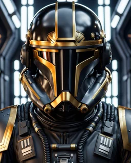 star wars bald male corellian pilot wearing dark gunmetal grey and black First Order special forces TIE pilot armored flightsuit and helmet with gold trim inside the jedi temple, centered head and shoulders portrait, hyperdetailed, dynamic lighting, hyperdetailed background, 8k resolution, volumetric lighting, light skin, fully symmetric details