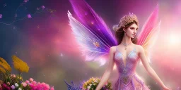 bright fairy, beautiful portrait, flowery landscape