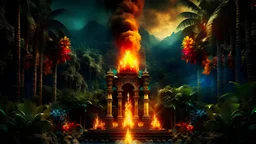 my mind bows my dreams . fantasy In my mind bows . A small flaming torch , the meditation in the midst in the jungle , new style collonades for meditation palace built in the jungle , mountains. space color is dark , where you can see the water and smell the smoke, galaxy, space, ethereal space, cosmos, panorama. Palace , Background: An otherworldly planet, bathed in the cold glow of distant stars.