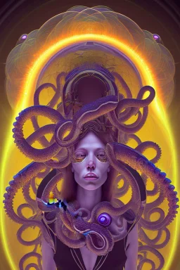 Spiritual being with Tentacles over human Head creating reality around, wrapping Spiral around people, Psychedelic