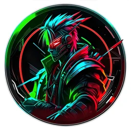 Samurai anime cyberpunk2077 style with neons red, blue and green colours on plasma circle without background