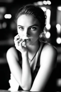 a beautiful woman holding a cigarette, smoking at a bar counter, cigarette smoke, intricate detail, sharp focus, photorealistic, high contrast, perfect hand, noir mood, film style