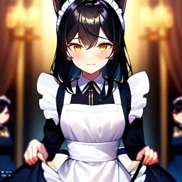 Clear focus, 8k, cat girl, high quality, detailed, black hair, golden eyes, beautiful lighting, vibrant colors, nervous, maid