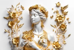 White background, Woman statue made of gold, flowers, birds