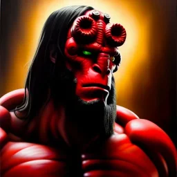 Ultra detailed fullbody Portrait in oil on canvas of Hellboy ,intense stare,extremely detailed digital painting, extremely detailed face,crystal clear Big eyes, mystical colors ,perfectly centered image, perfect composition, rim light, beautiful lighting,masterpiece,8k, stunning scene, raytracing, anatomically correct, in the style of robert e howard and Ken Kelley and Ohrai Noriyoshi and Simon Bisley and tomzj1