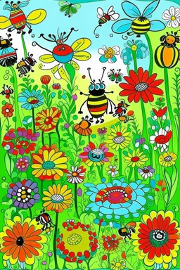 in the garden flowers, butterflies, bees, and ladybugs in a garden setting, cartoon style, thick outline, low details, Vivid Color