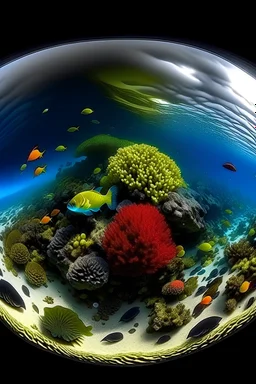 vista panoramica de un arrecife, variedad de peces de colores y corales, algunos rayos de sol penetran el agua, ambiente tranquilo, alto nivel de detalle
