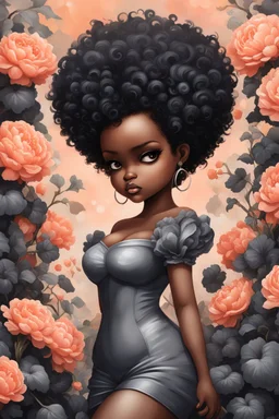 Create an expressive oil painting art image of a curvy black chibi female wearing a grey off the shoulder blouse and she is looking down with Prominent makeup. Highly detailed tightly curly black afro. Background of large peach and grey flowers surrounding her