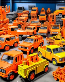 A light orange color junkyard filled with construction vehicles painted by Keith Haring