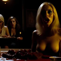 Horror movie shot, spooky, very hot, ultra realistic, hot dine, ultra realistic hot blonde women, hot party, pieces of meat, they enjoy, organs, ail, dynamic, very excited people, hypermaximalist figures, light, 1970's Italian horror movie, sinister,, Dario Argento, Stanley Kubrik, ornate, 4k, photorealism