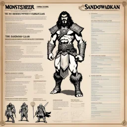 monster concept sheet with AD&D statistics and characteristics : [wii No More Heroes style with thick lines] the Sandokan (1976) character class with table of special powers
