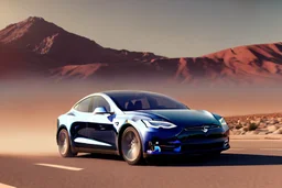 A Tesla 'Model S' is drifting at high speeds, in the Mojave Desert. (CINEMATIC, WIDE ANGLE LENS, PHOTO REAL)