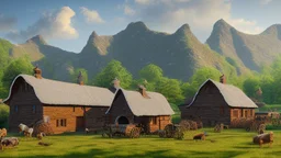 Thatched Labrador farmhouse, farmyard, hay store, farm buildings, duck pond, rustic cart and horse, and iron ore mines on the mountains in the far distance, highly detailed, realistic, sunshine, RTX