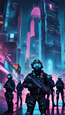 In a futuristic cityscape of neon lights and towering skyscrapers, a group of heavily armed cybernetic policemen patrol the streets, their glowing visors scanning for any signs of criminal activity.