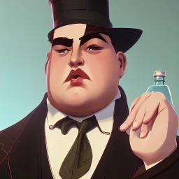 A 1930s Italian-American businessman in his 20s with a bowler hat and a tattered suit. He is obese and sad. He holds a bottle of alcohol in his hand