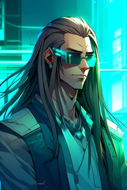 male cyberpunk solo with long hair tail, Norwegian, Wearing Leisureware and mirrored sunglasses, suave, strong, nice, Anime Style, Retroanime, Video Game Character