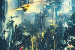 Art by John Berkey and John Harris, lush, Cenral Park New York 2077, Cyberpunk, bird's eye view, extremely hyperdetailed, epic composition, cinematic lightning + masterpiece