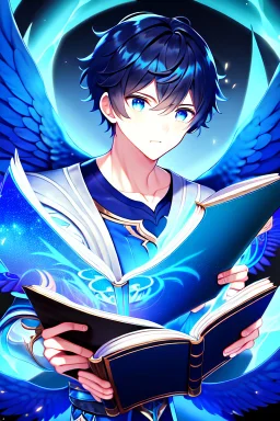 a person in runic armor with blue wings, blue short hair, runic tattoo and spell book, male