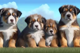 hyperrealistic digital gouache matte painting and pencil, volumetric nature environment, organic, (( cute, happy ( australian shepherd and saint bernard crossbreed ) puppies playing together )), close-up portrait, random coloured fur, elegant, intricate, realistic shaded volumetric lighting, volumetric clouds, concept art, detailed eyes, illustration, 8k, uhd, hires, backlight, centered camera view, colour-washed colors, ambient occlusion, sunlight caustics, design and art by sam curry