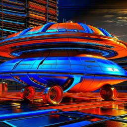 award winning car and driver digital 64k photorealistic image of a futuristic UFO station wagon designed by an unknown alien civilization, only one vehicle per image painted metallic orange traveling at a high rate of speed,the rear with bright blue flame, bilaterally symetrical