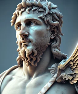 Realistic image, roman sculpture, marble material, Lionel Messi with Laurel wreath model, miguel angel style, God light, god rays, 4k resolution, perfect details, ornate details, soft lighting, unreal engine 5, soft cyan background.