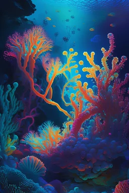 Radiant Pride Reef: An underwater coral reef, teeming with bioluminescent corals and anemones that pulse with the vibrant colors of various Pride flags.