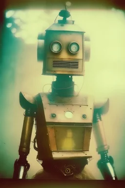 steampunk, vintage analog polaroid of a woman robot, female body, fog, lomography, heavy film grain, sun, color bleed, depth of field, bokeh, retro