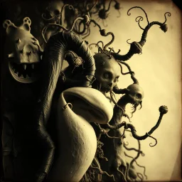 A daguerreotype-style close-up image of a surreal background inspired by Hieronymus Bosch and Max Ernst, featuring twisted organic forms, decaying botanical elements, and strange vegetal growths that seem to pulse with unnatural life. The entire scene is bathed in soft, ambient lighting that creates an otherworldly atmosphere, with areas of deep shadow contrasting against the pale, spectral glow of the figures.