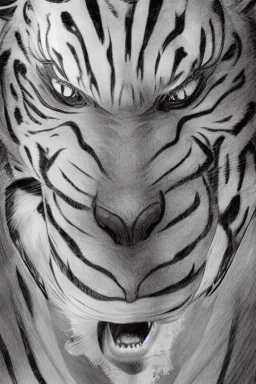 Rainforest, hybrid human mawith tigerhead walking, frontal, model style, hyper realistic, accurate, delicate, extremely detailed, Graphic novel style, wide-angle, front view, open aperture, superfine pencil