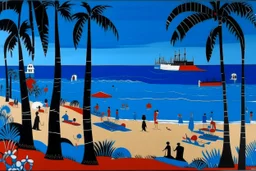 A blue beach near an island designed in Bayeux tapestry painted by Stuart Davis