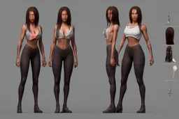 Female character full anatomy Proportions of the character the head-to-body ratio . Front, Side, and Back Views: Provide multiple views of the character, including front, side, and back mode sheet .stylized animation character 8k Art station.toonish