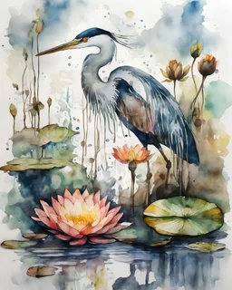 hand-drawn watercolor painting of many different types of steampunk flowers and waterlilies, growing in a little pond, with a heron standing in the water, with a splash of mixed colors on a white background, sharp detail