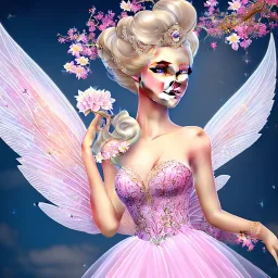 fantasy fairy with transparent wings, smiling, make up, long platinum blond hair with crown and flowers, pink dress