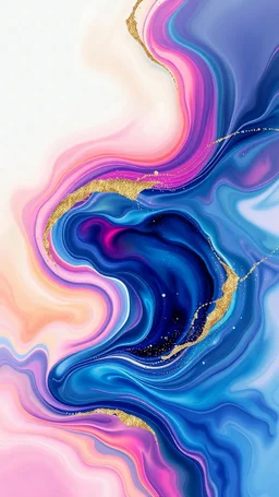 Create a visually striking iPhone wallpaper that blends abstract and natural elements. The scene should feature a vibrant, flowing mix of swirling colors and geometric patterns, with soft gradients transitioning into organic shapes like flowing water or clouds. Incorporate splashes of metallic gold or silver accents that catch the light, creating a dynamic yet serene composition. The overall aesthetic should evoke creativity, calmness, and elegance, with a modern, painterly feel.