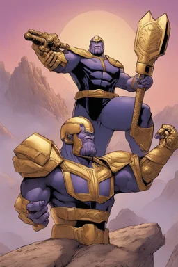 Thanos, the commander of the army of aliens and the king of the entire galaxy, is ready to go on a campaign with his two large swords, his very beautiful and impenetrable armor with his golden helmet, standing on top of a hill with his sword with infinity gauntlet