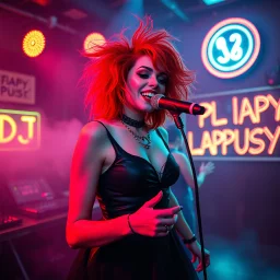 A MJ performing at dance club, her name MJ FLAPYPUSY and looks crazy, crazy red hair with black dress. Neon lights and smog, DJ FLAPYPUSY SIGN ON WALL
