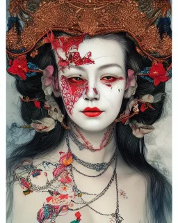 head and shoulders portrait of Queen Mary, face paint, jester hat, sad expression, Takato Yamamoto artist, Akiya Kageichi artist, Jedediah Berry inspired, 8k resolution concept art portrait, dynamic lighting, hyperdetailed, intricately detailed, maximalist, beautiful, peaceful