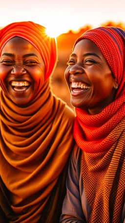 Two African women wearing scarf, laughing while watching the sun fall